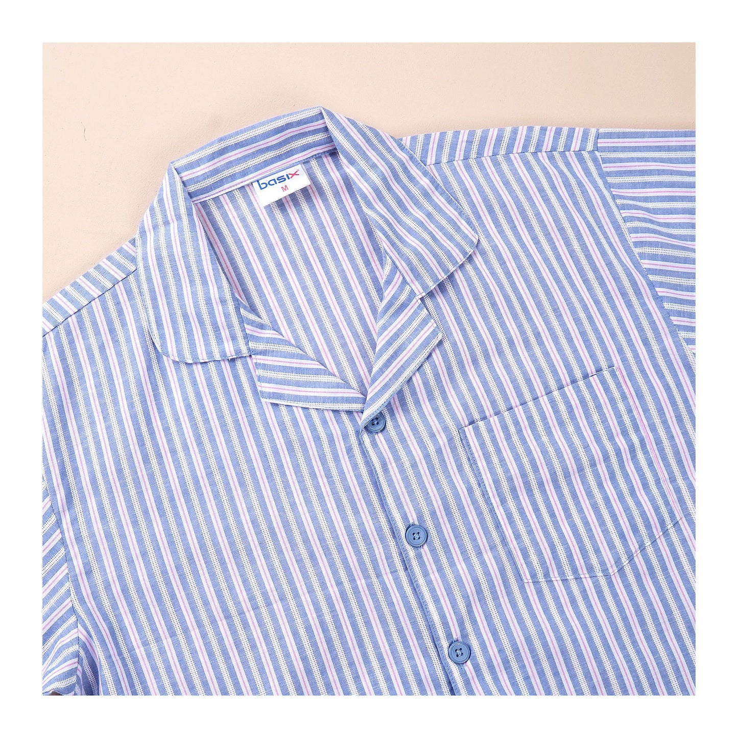 Basix Men's Stripes Short Sleeves Loungewear, 2 Piece Set, Matte Blue &amp; White, LW-839