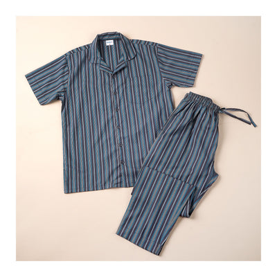 Basix Men's Stripes Short Sleeves Loungewear, 2 Piece Set, Black & Sea Green, LW-840