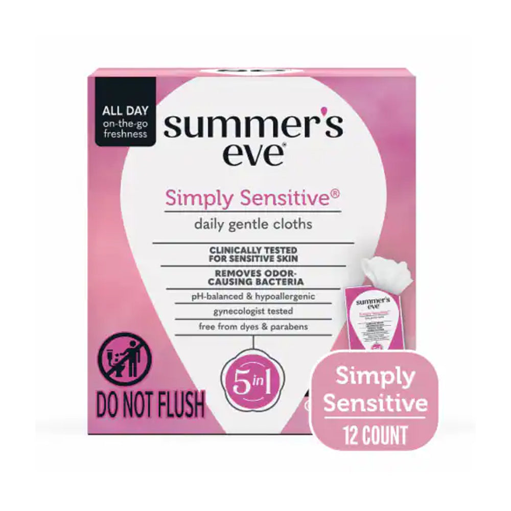 Summer's Eve Simply Sensitive 5-In-1 Daily Gentle Cloths  Paraben Free  12-Pack
