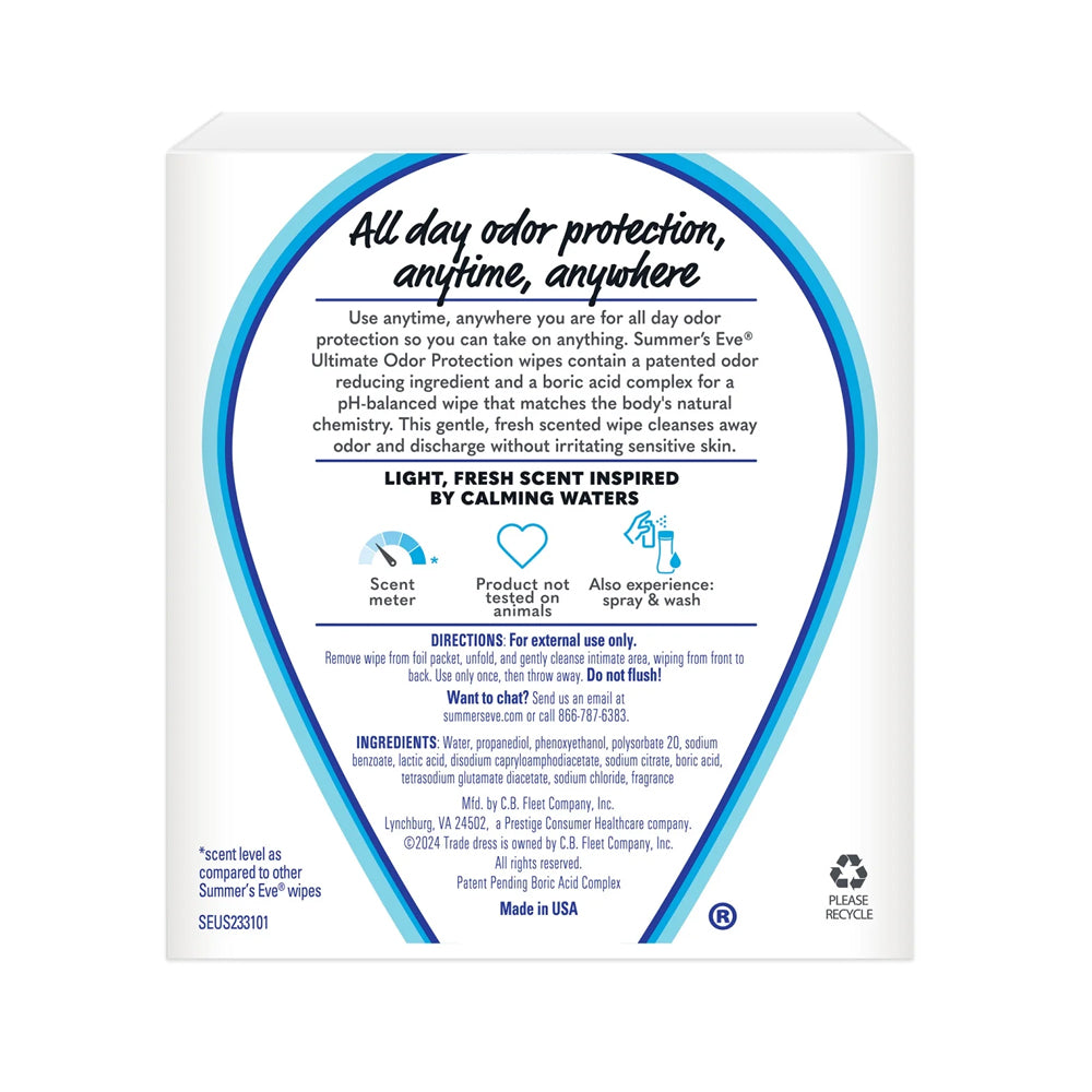 Summer's Eve Ultimate Odor Protection Wipes  Dyes & Paraben Free  For Sensitive Skin  12-Pack