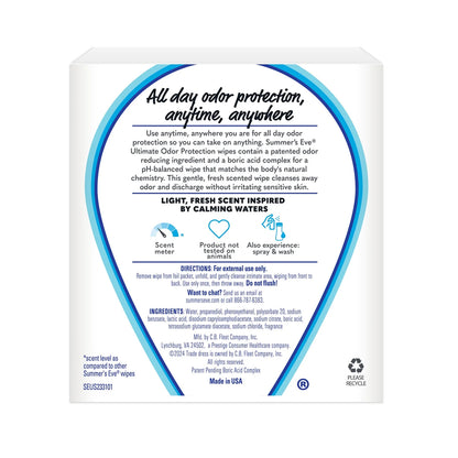 Summer's Eve Ultimate Odor Protection Wipes  Dyes & Paraben Free  For Sensitive Skin  12-Pack