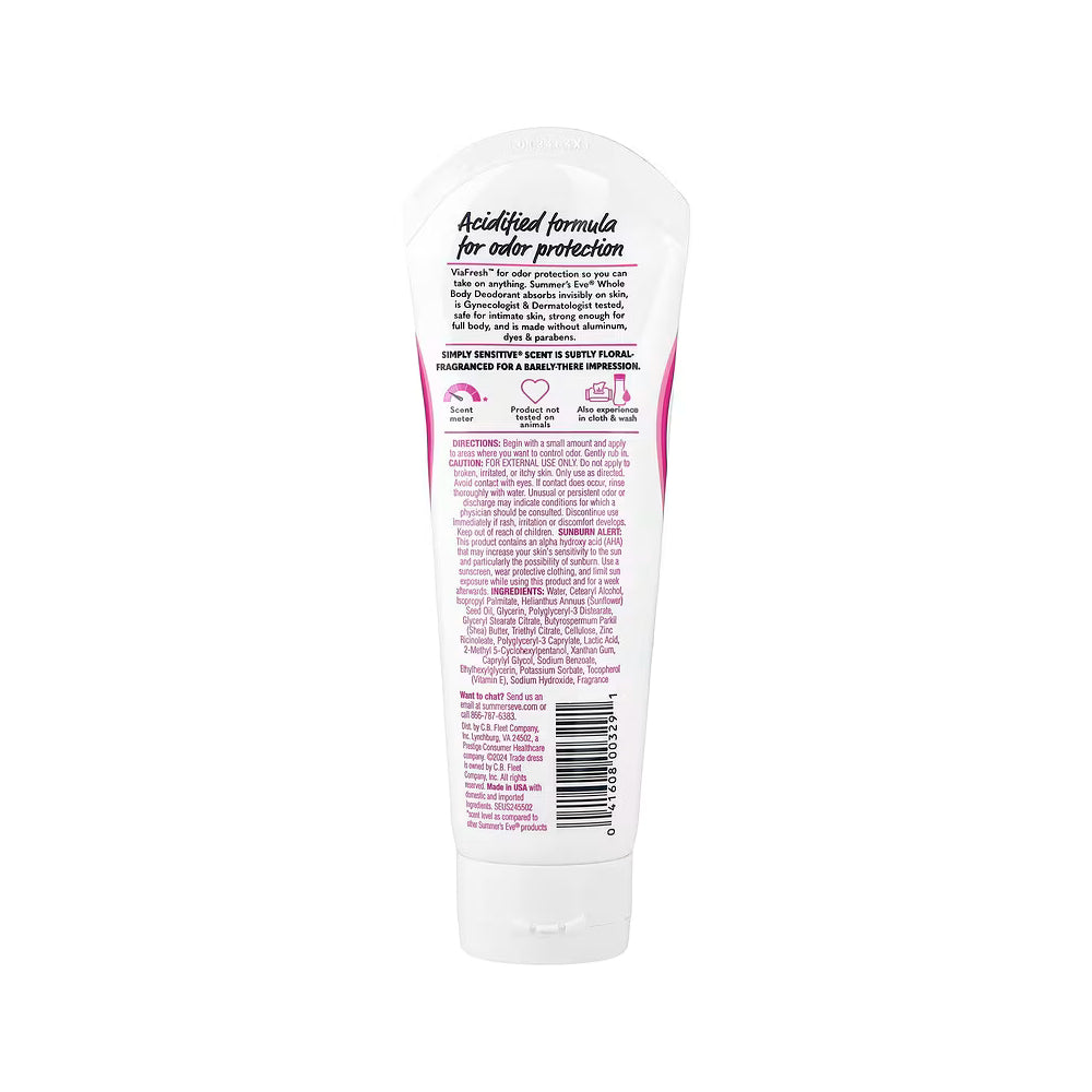 Summer's Eve Simply Sensitive Ultimate Odor Protection Whole Body Deodorant  Vitamin E  Shea Butter  For Sensitive Skin  89ml