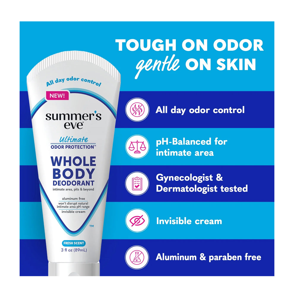 Summer's Eve Fresh Scent Ultimate Odor Control Whole Body Deodorant  Aluminum & Paraben Free  For Sensitive Skin  89ml