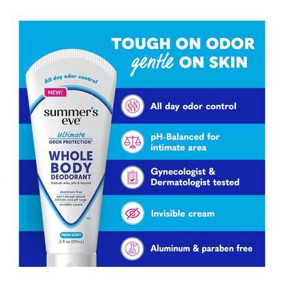 Summer's Eve Fresh Scent Ultimate Odor Control Whole Body Deodorant  Aluminum & Paraben Free  For Sensitive Skin  89ml