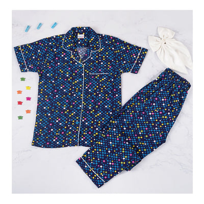 Basix Girl's Geomtric Box Short Sleeves Nightwear 2 Piece Set, Navy Blue, Light Blue, Pink & White, GRL-193