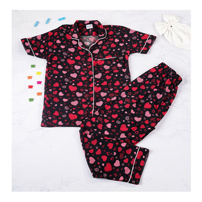 Basix Girl's Sweetheart Short Sleeves Nightwear 2 Piece Set, Black & Pink, GRL-194