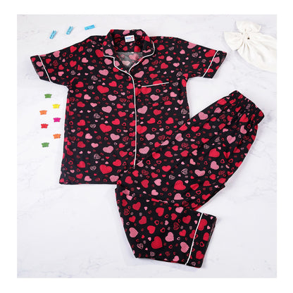 Basix Girl's Sweetheart Short Sleeves Nightwear 2 Piece Set, Black &amp; Pink, GRL-194