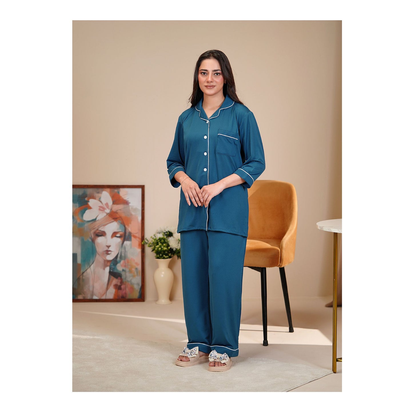 Basix Women's 4 Way Jersey Stretch Self Adjustment Fabric Loungewear, 2 Piece Set, Teal, LW-678