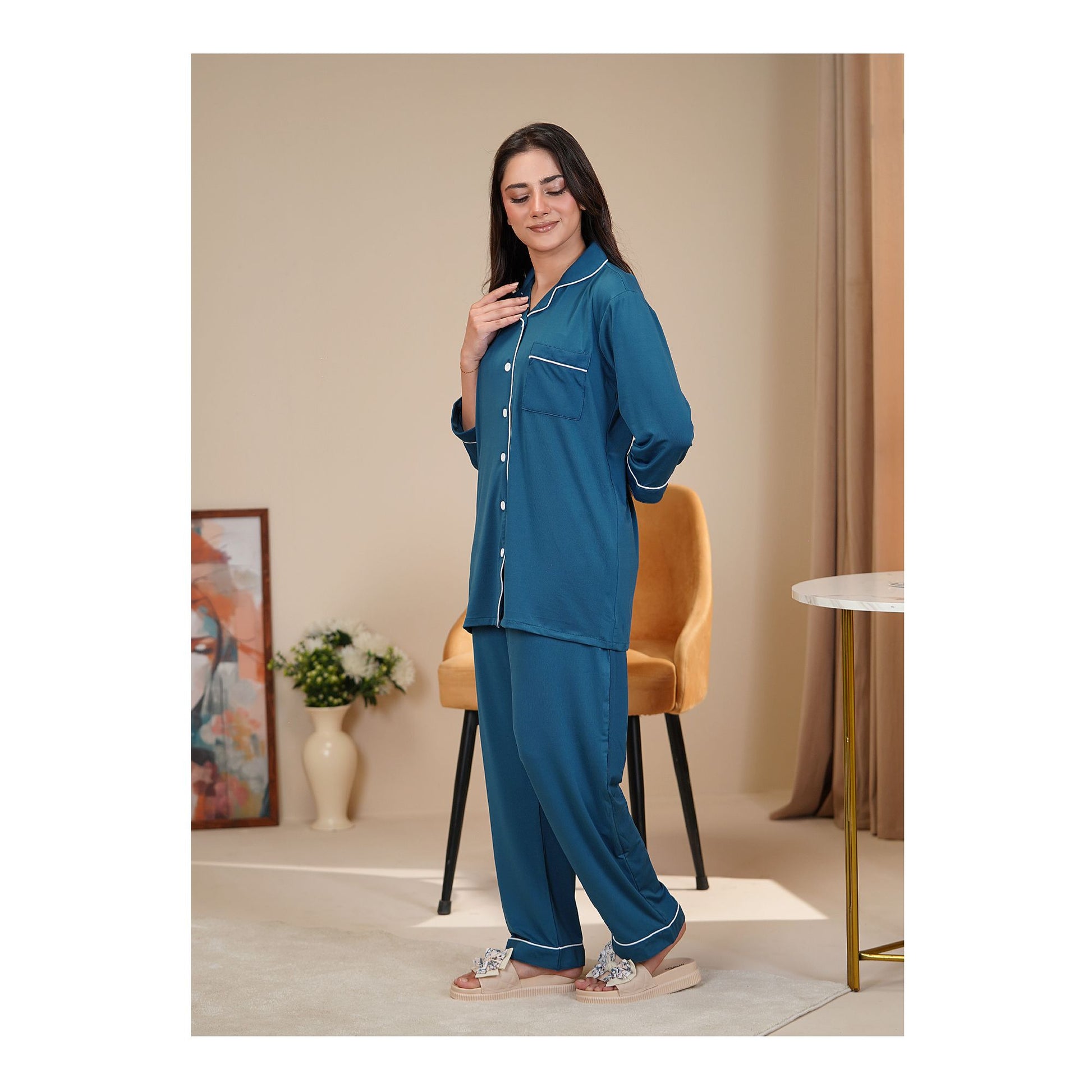 Basix Women's 4 Way Jersey Stretch Self Adjustment Fabric Loungewear, 2 Piece Set, Teal, LW-678