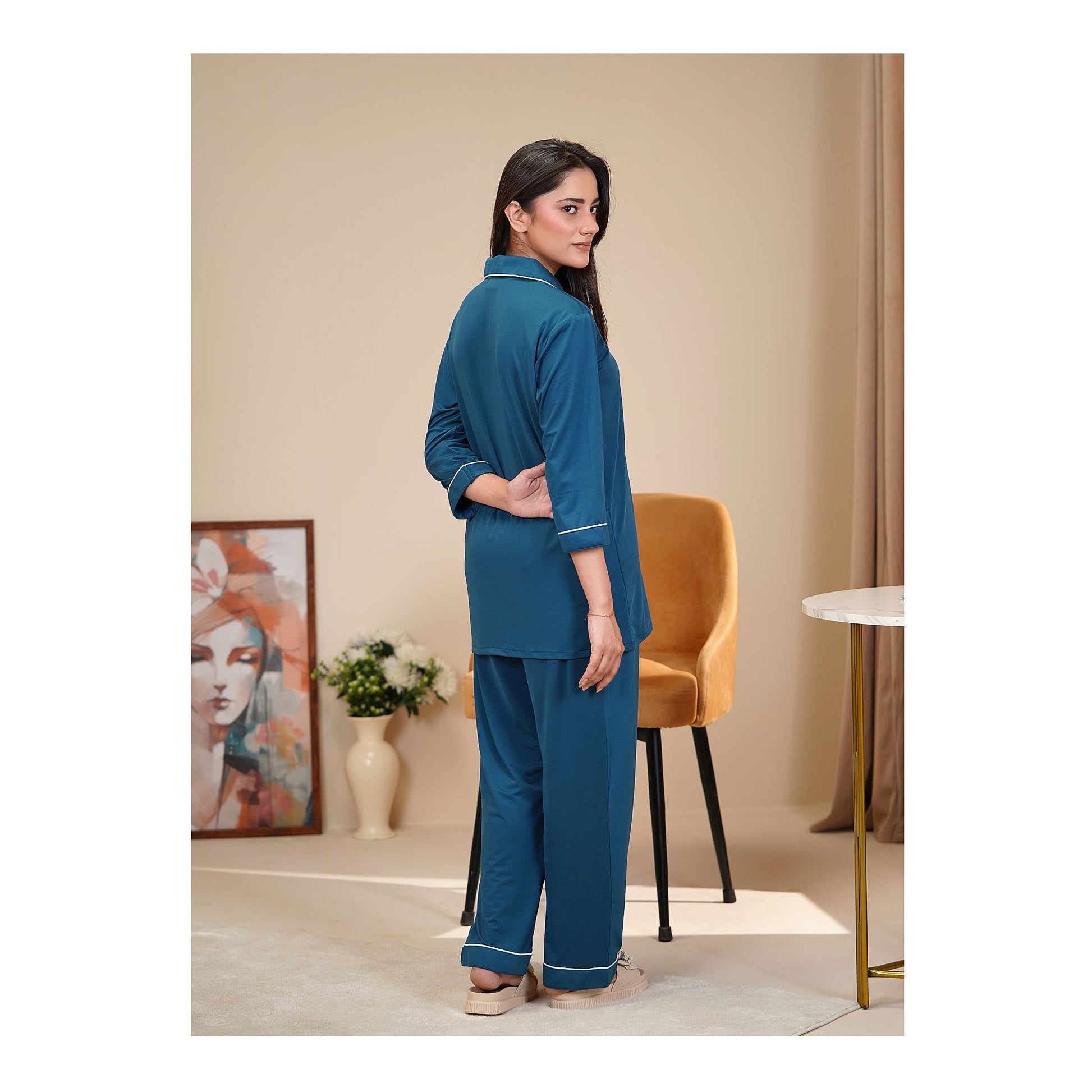 Basix Women's 4 Way Jersey Stretch Self Adjustment Fabric Loungewear, 2 Piece Set, Teal, LW-678