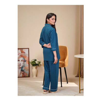 Basix Women's 4 Way Jersey Stretch Self Adjustment Fabric Loungewear, 2 Piece Set, Teal, LW-678