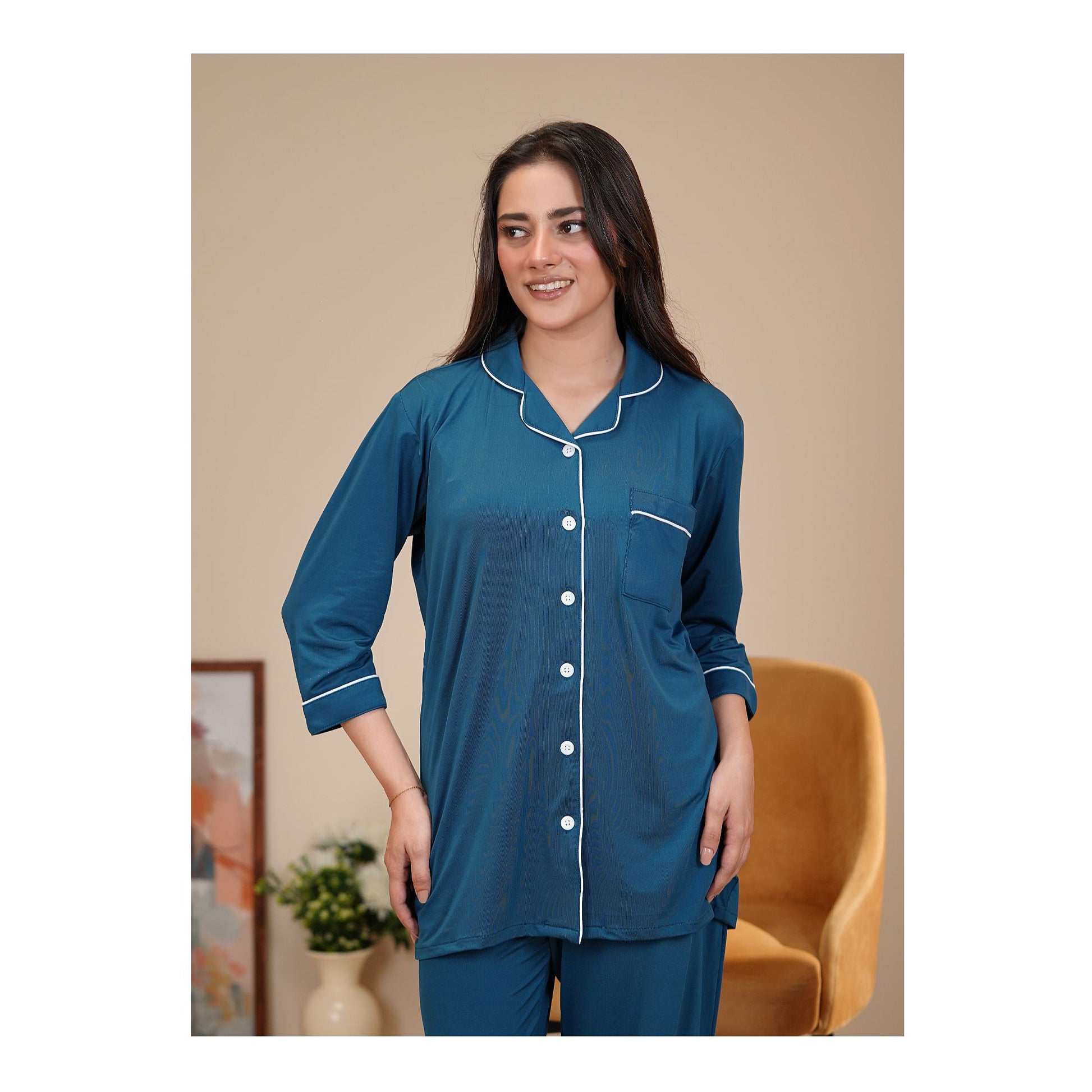 Basix Women's 4 Way Jersey Stretch Self Adjustment Fabric Loungewear, 2 Piece Set, Teal, LW-678