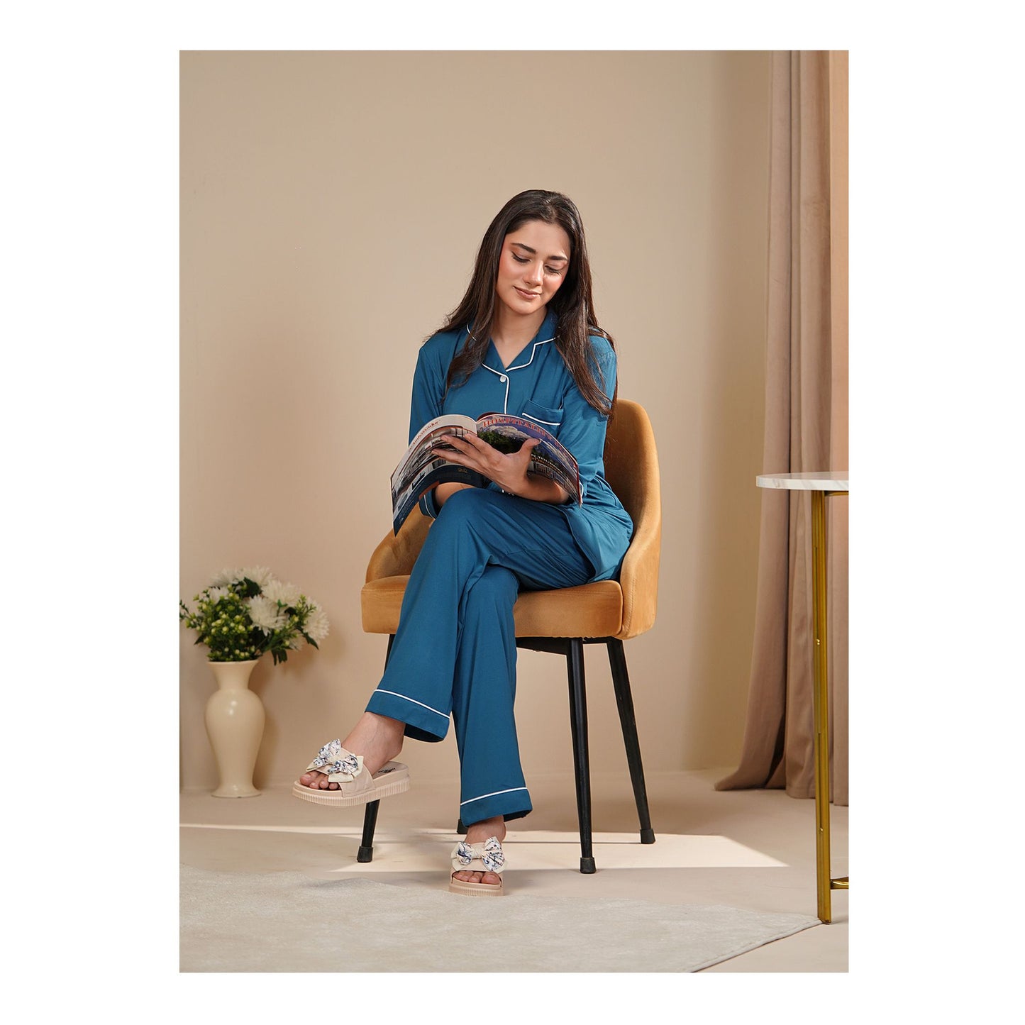 Basix Women's 4 Way Jersey Stretch Self Adjustment Fabric Loungewear, 2 Piece Set, Teal, LW-678