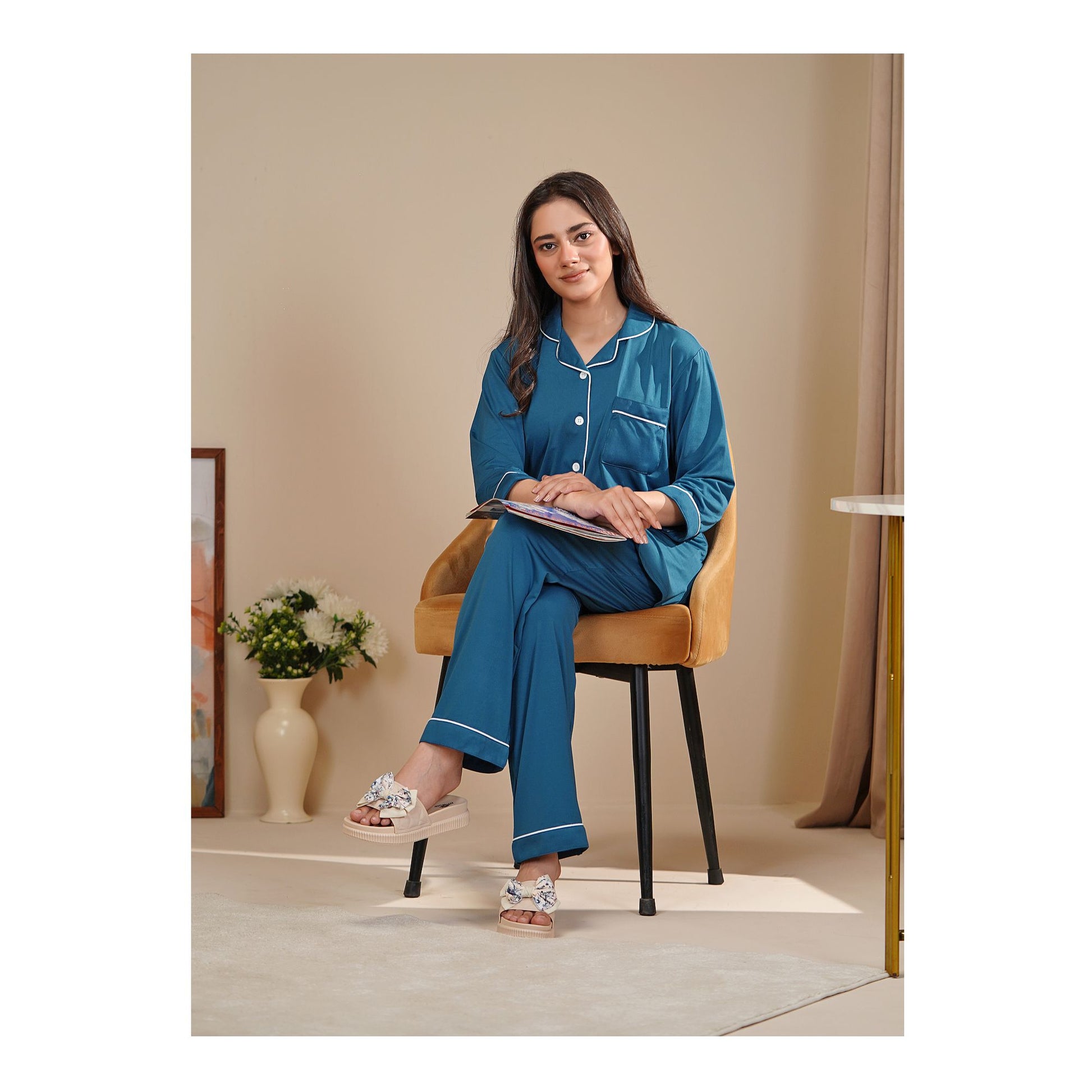 Basix Women's 4 Way Jersey Stretch Self Adjustment Fabric Loungewear, 2 Piece Set, Teal, LW-678
