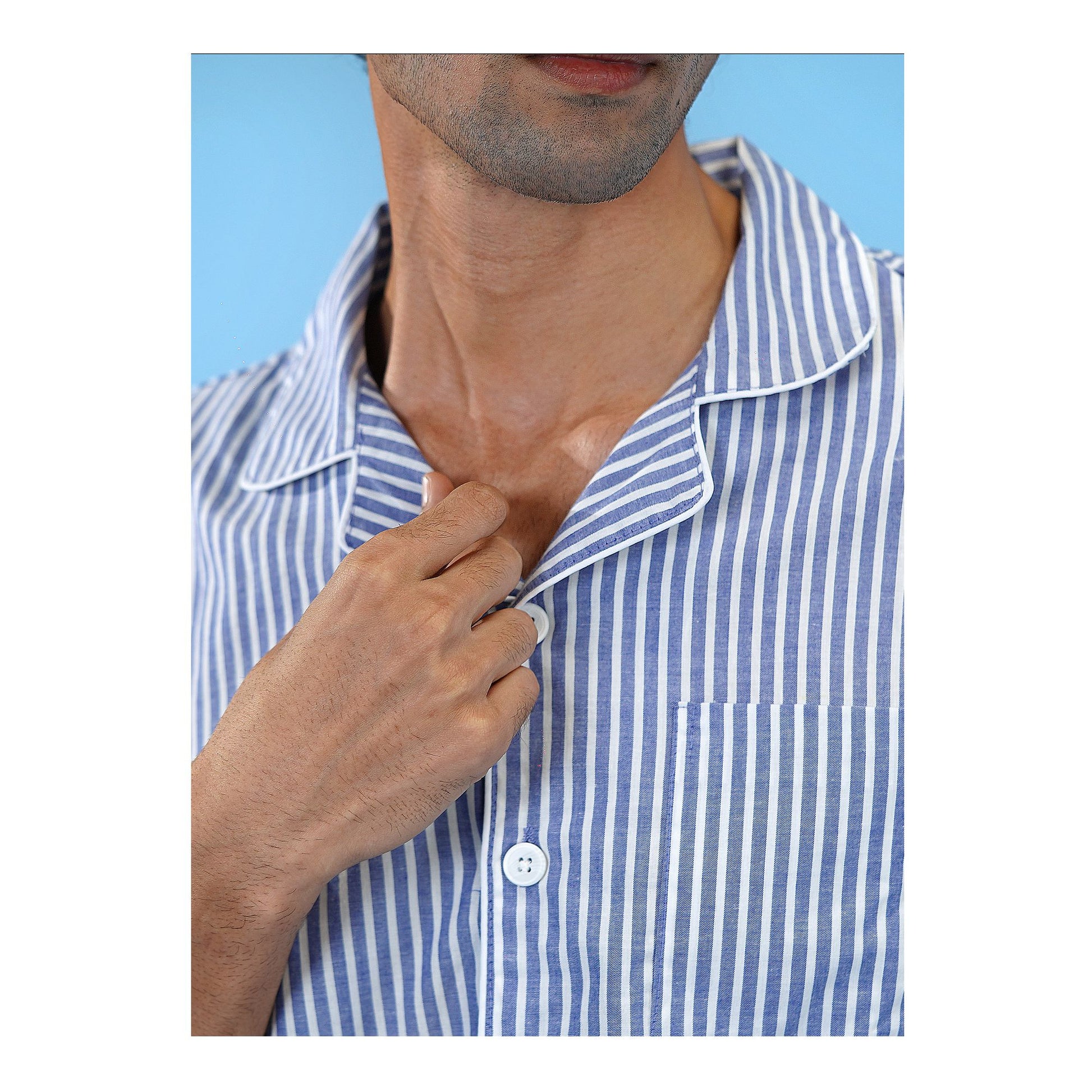 Basix Men's Stripes Short Sleeves Loungewear 2 Piece Set, Blue &amp; White LW-842