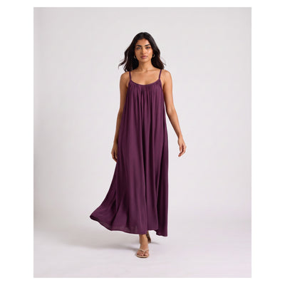 Basix Backless A-Line Gathered Maxi With Adjustable Straps & tie Back Plum Free Size BM-104