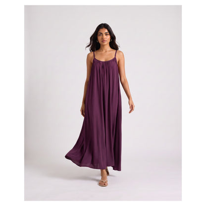 Basix Backless A-Line Gathered Maxi With Adjustable Straps & tie Back Plum Free Size BM-104
