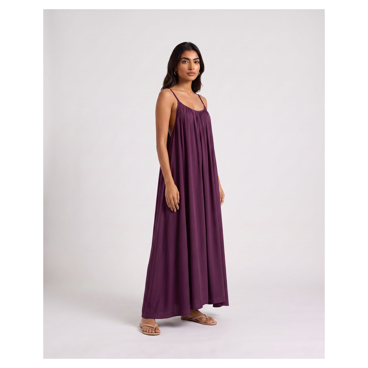 Basix Backless A-Line Gathered Maxi With Adjustable Straps & tie Back Plum Free Size BM-104