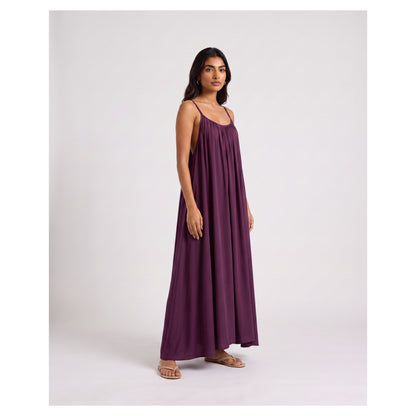 Basix Backless A-Line Gathered Maxi With Adjustable Straps & tie Back Plum Free Size BM-104