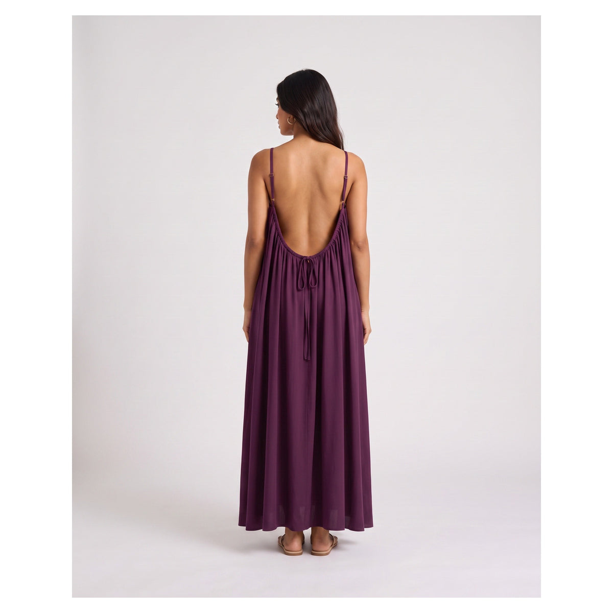 Basix Backless A-Line Gathered Maxi With Adjustable Straps & tie Back Plum Free Size BM-104