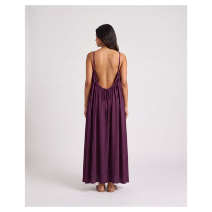 Basix Backless A-Line Gathered Maxi With Adjustable Straps & tie Back Plum Free Size BM-104