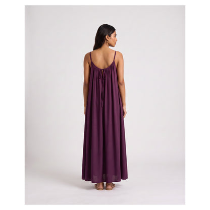 Basix Backless A-Line Gathered Maxi With Adjustable Straps & tie Back Plum Free Size BM-104