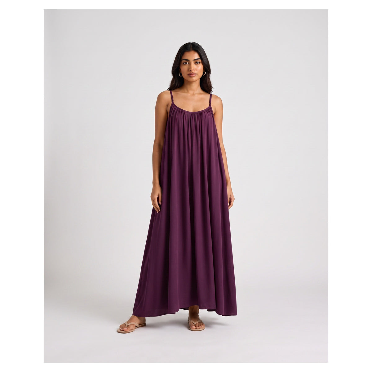 Basix Backless A-Line Gathered Maxi With Adjustable Straps & tie Back Plum Free Size BM-104
