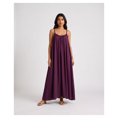 Basix Backless A-Line Gathered Maxi With Adjustable Straps & tie Back Plum Free Size BM-104