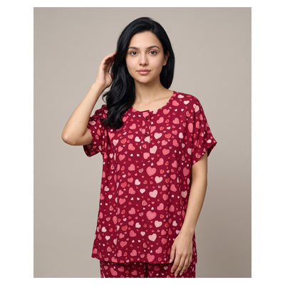 Basix Women's Sweet Hearts Drop Shoulder Sleeveless Set 2-Piece Maroon & Pink Viscose LW-681