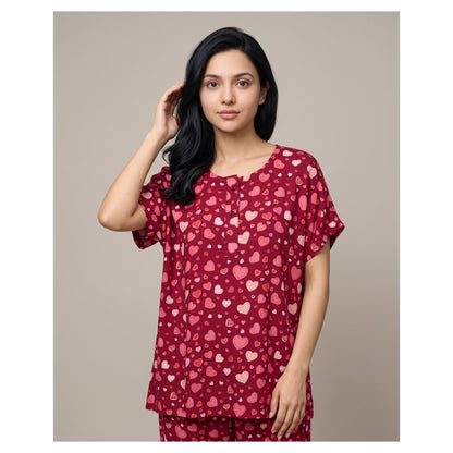 Basix Women's Sweet Hearts Drop Shoulder Sleeveless Set 2-Piece Maroon & Pink Viscose LW-681