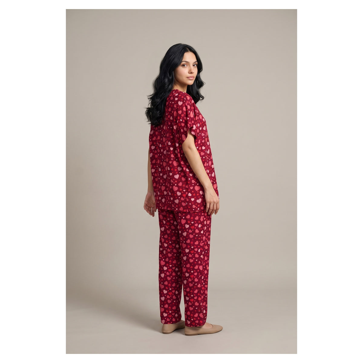 Basix Women's Sweet Hearts Drop Shoulder Sleeveless Set 2-Piece Maroon & Pink Viscose LW-681