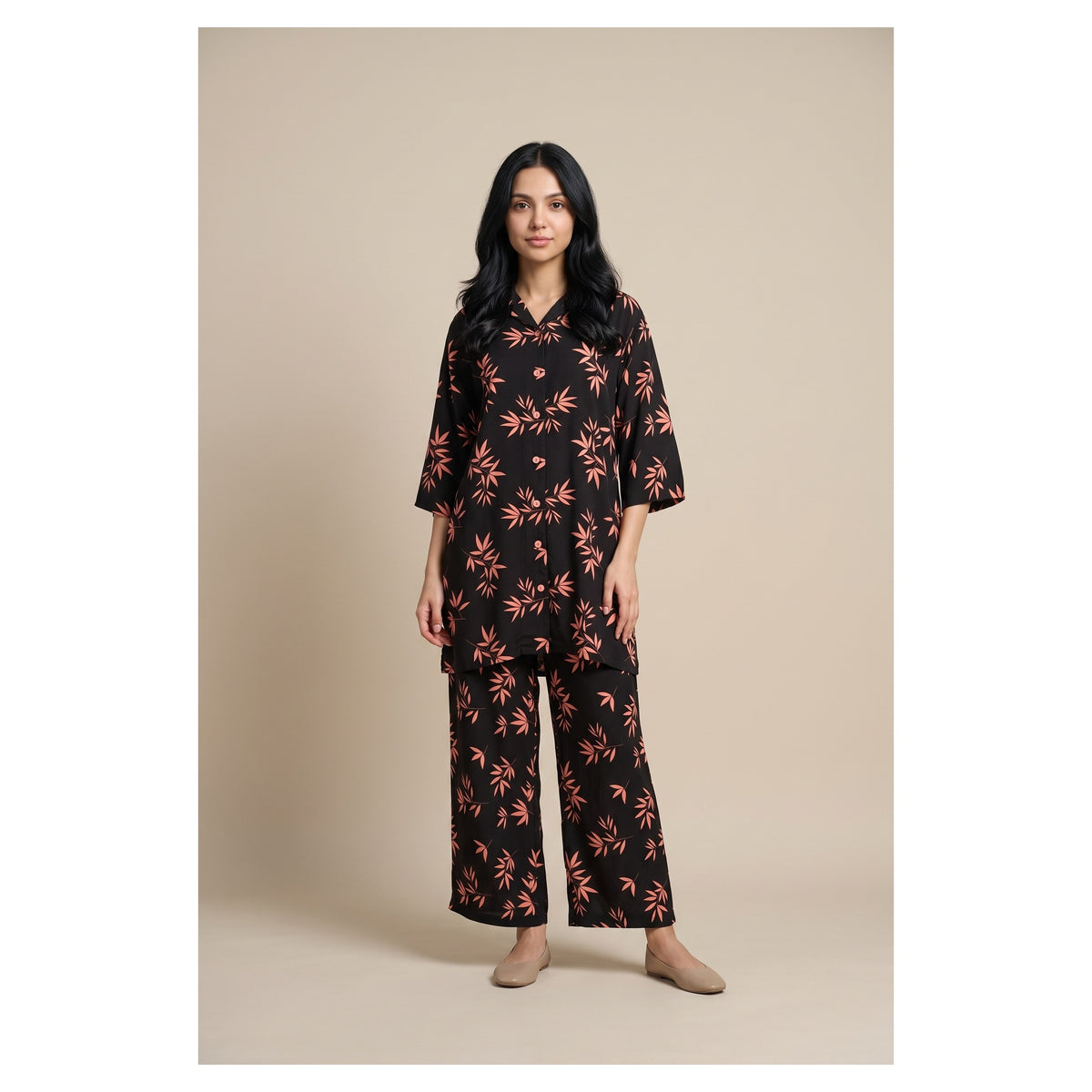 Basix Women's Co-Ord Set Black With & Tea Pink Flora Viscose CORD-131