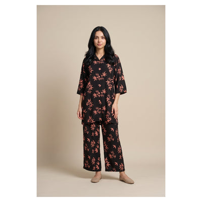 Basix Women's Co-Ord Set Black With & Tea Pink Flora Viscose CORD-131