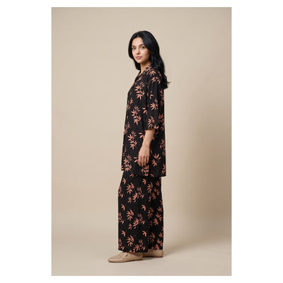 Basix Women's Co-Ord Set Black With & Tea Pink Flora Viscose CORD-131