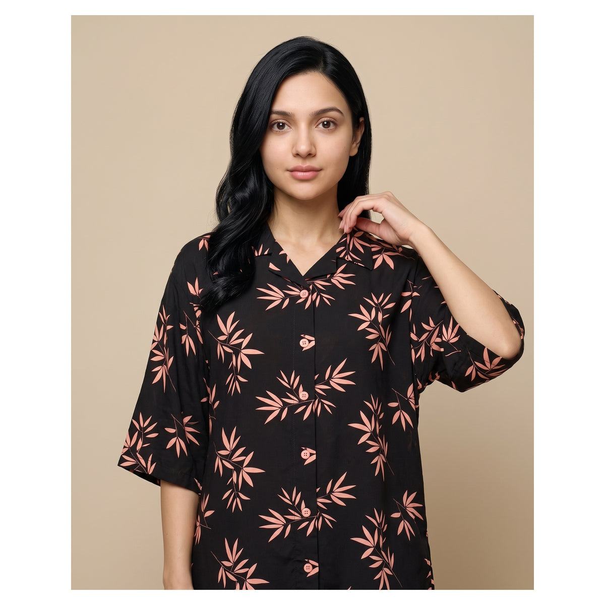 Basix Women's Co-Ord Set Black With & Tea Pink Flora Viscose CORD-131