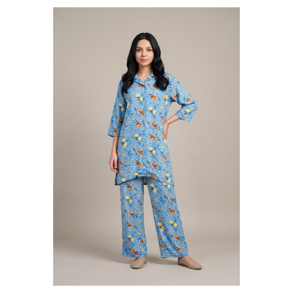 Basix Flora Co-Ord Set Teal Blue With Yellow & Brown Viscose CORD-132