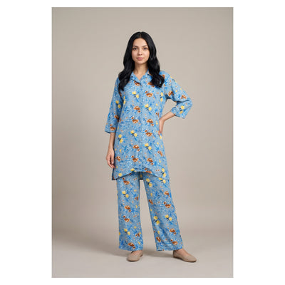 Basix Flora Co-Ord Set Teal Blue With Yellow & Brown Viscose CORD-132