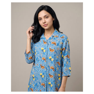 Basix Flora Co-Ord Set Teal Blue With Yellow & Brown Viscose CORD-132