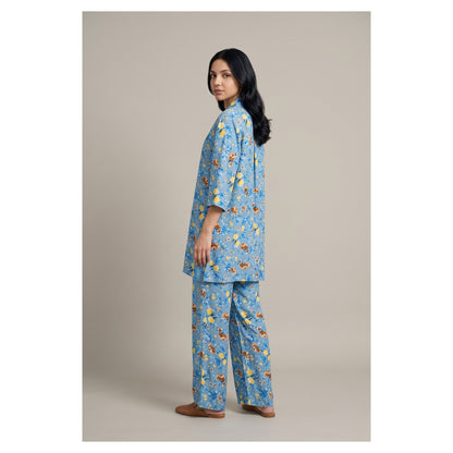 Basix Flora Co-Ord Set Teal Blue With Yellow & Brown Viscose CORD-132