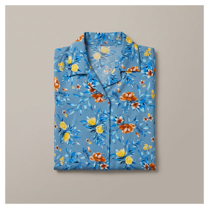 Basix Flora Co-Ord Set Teal Blue With Yellow & Brown Viscose CORD-132