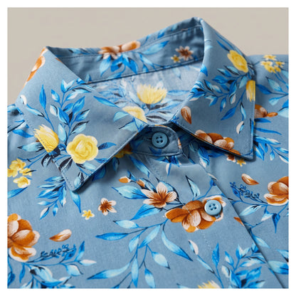 Basix Flora Co-Ord Set Teal Blue With Yellow & Brown Viscose CORD-132