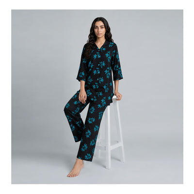 Basix Women's Flora Co-Ord Set Black With Light Blue Viscose CORD-133