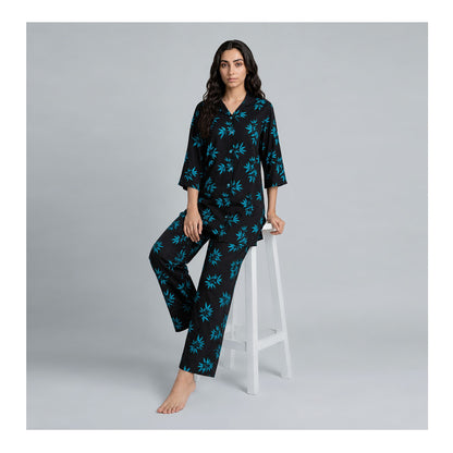Basix Women's Flora Co-Ord Set Black With Light Blue Viscose CORD-133