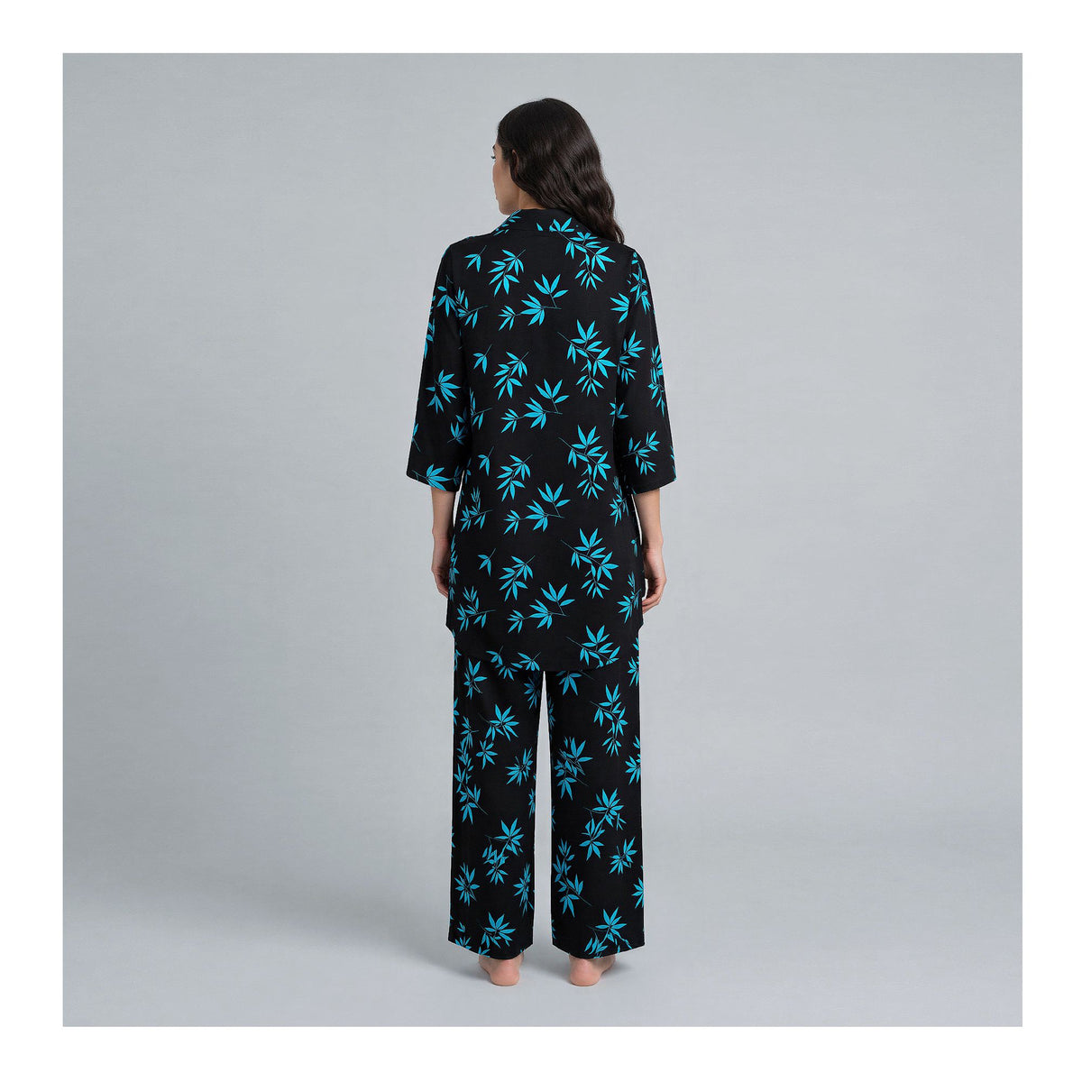 Basix Women's Flora Co-Ord Set Black With Light Blue Viscose CORD-133