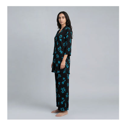 Basix Women's Flora Co-Ord Set Black With Light Blue Viscose CORD-133