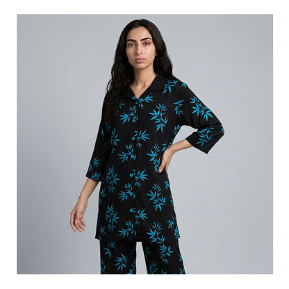 Basix Women's Flora Co-Ord Set Black With Light Blue Viscose CORD-133
