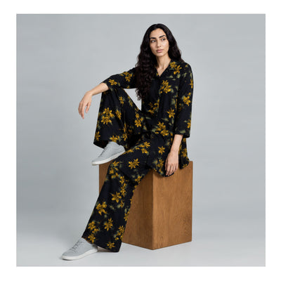 Basix Women's Flora Co-Ord Set Mid Night Blue With Golden Viscose CORD-134