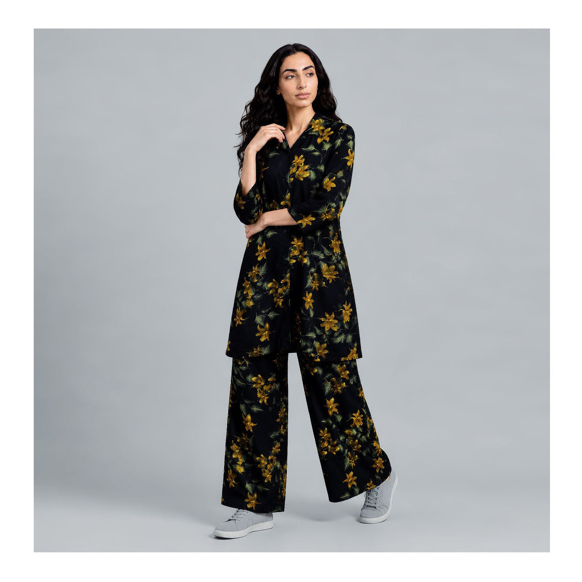 Basix Women's Flora Co-Ord Set Mid Night Blue With Golden Viscose CORD-134