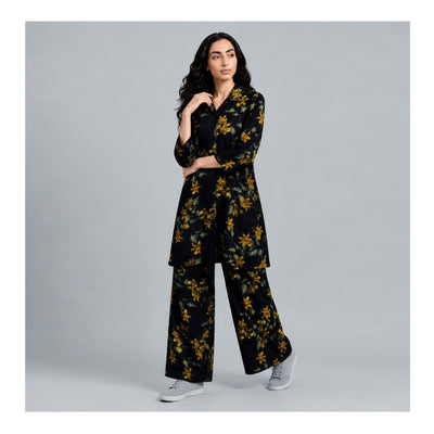 Basix Women's Flora Co-Ord Set Mid Night Blue With Golden Viscose CORD-134