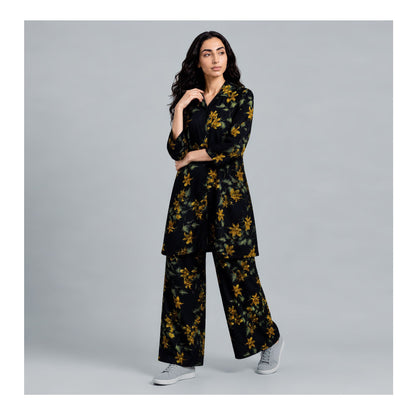 Basix Women's Flora Co-Ord Set Mid Night Blue With Golden Viscose CORD-134